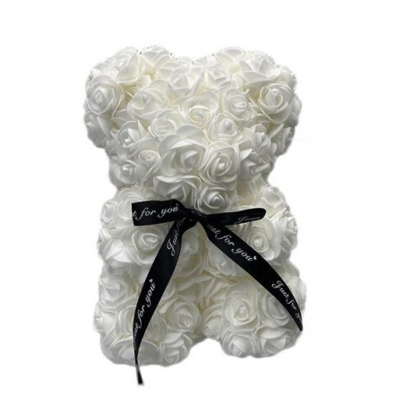 Ursulet floral alb din Trandafiri 25 cm, decorat manual, cutie cadou