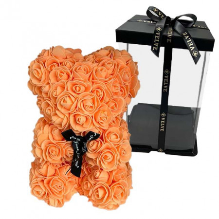 Ursulet floral orange din Trandafiri 25 cm, decorat manual, cutie cadou