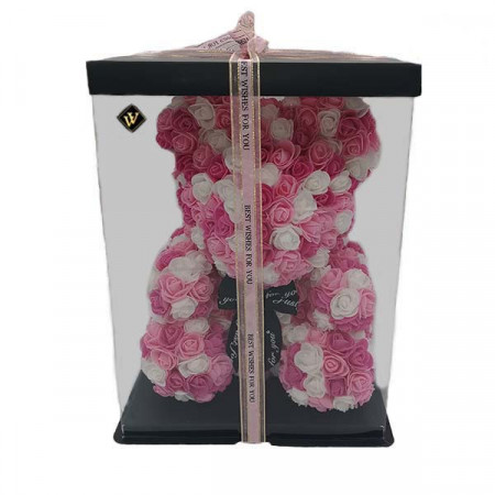 Ursulet Floral Triple color din Trandafiri spuma, 40 cm, roz- alb-fucsia, in cutie cadou