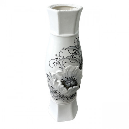 Vaza ceramica cu imprimeu floral 3D, Emese alb, 41cm