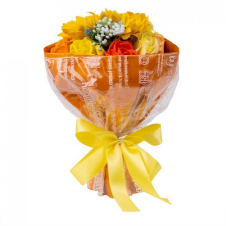 Aranjament Floral Buchet din trandafiri de sapun si floarea soarelui, orange-galben