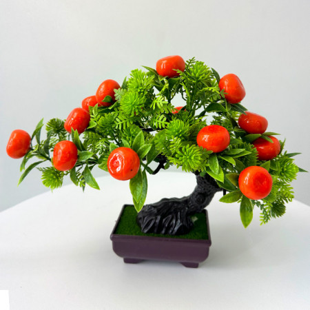Bonsai decorativ artificial, in ghiveci miniatural, Fruit Tree, Nectarina, Inaltime 25 cm