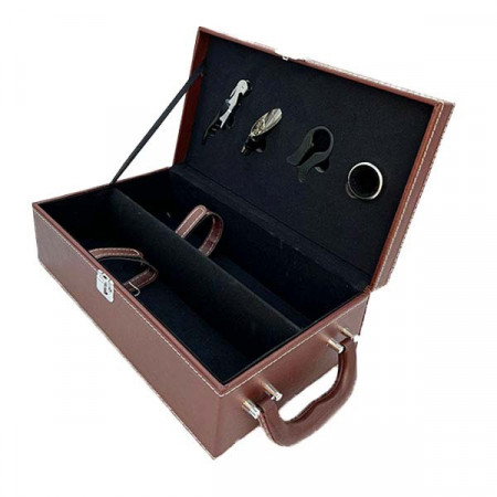 Caseta eleganta din piele ecologica pentru doua sticle, cu maner si set 4 accesorii pentru vin