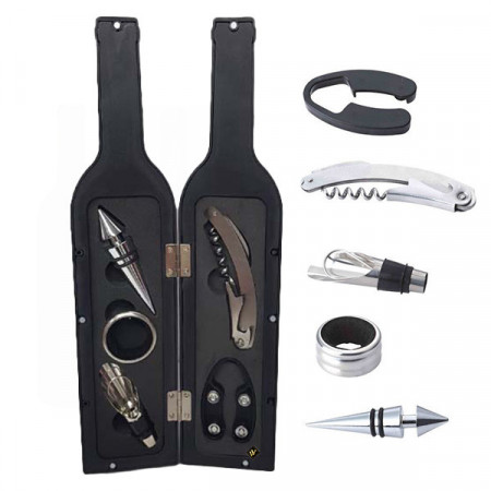 Caseta eleganta pentru vin, in forma de sticla cu 5 accesorii, 32.5 cm
