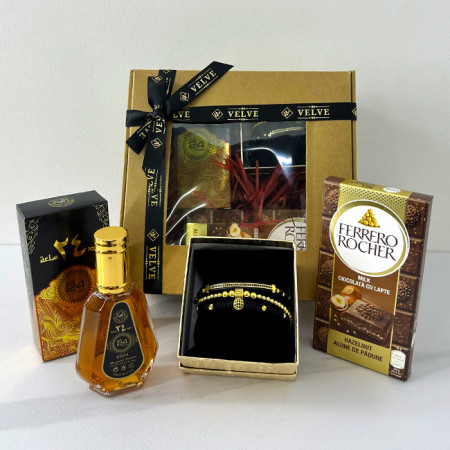 Pachet cadou pentru barbati Eleganta Orientala, cu Parfum arabesc Ard al Zaafaran, Oud 24 Hours 50ml, set 3 bratari in cutie cadou, si ciocolata Ferrero Rocher