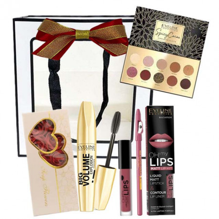 Pachet goldishold pentru femei, paleta de farduri Eveline, Rimel Big Volume Eveline, Kit de buze si cutiuta cu 10 trandafiri din sapun