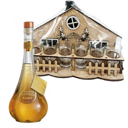 Pachet Minibar, suport din lemn in forma de casa cu sticla, 6 pahare pentru bautura si Grappa Bottega Fume