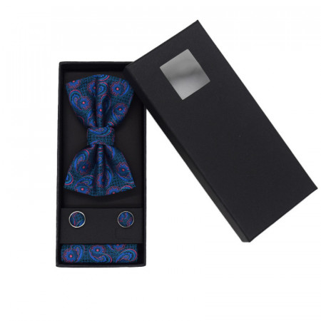 Set 3 piese Mistery, pentru barbati, papion, buton si batista din stofa, albastru, MS014