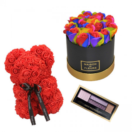 Set Cadou, Aranjament floral cutie rotunda neagra cu trandafiri multicolor de sapun, Ursulet floral Rosu 25cm si Paleta fard