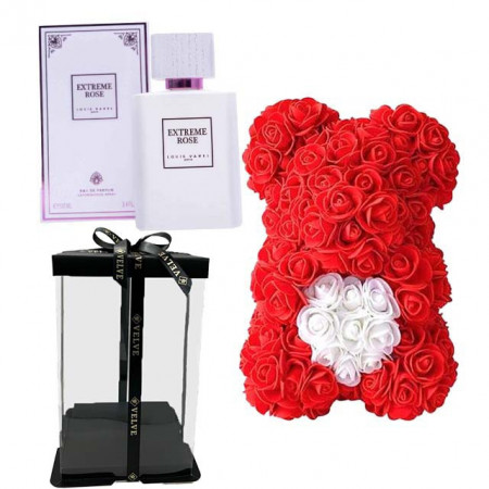 Set cadou fete, Ursulet floral cu inima alba din spuma 25 cm si Parfum Louis Varel Extreme Rose 100ml