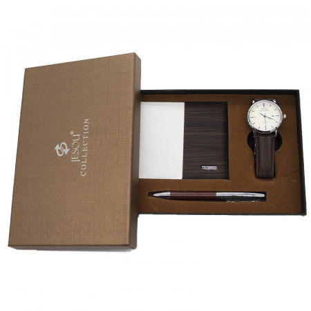 Set cadou pentru barbati JESOU COLLECTION, cutie cu portofel, ceas si pix 23x15 cm, Maro