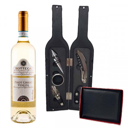Set cadou pentru barbati VLV, caseta eleganta in forma de sticla cu 5 accesorii pentru vin, portofel si vin Bottega Pinot DOC