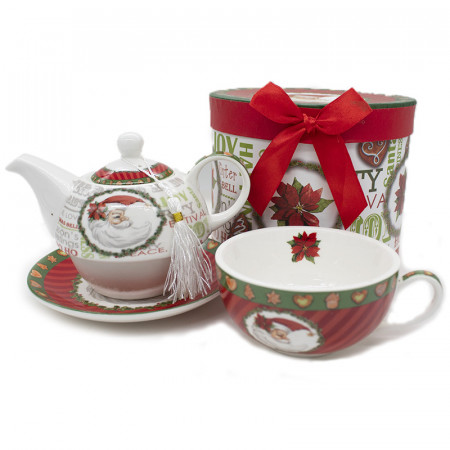 Set ceainic din ceramica in tematica de Craciun, cu farfurie si cana din ceramica, in cutie cadou