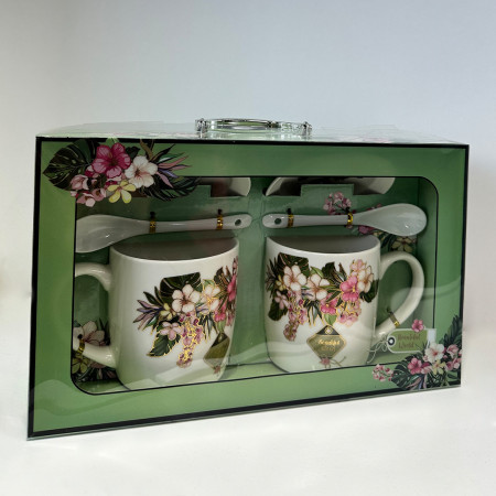 Set elegant ceramic, Beautiful World, cu doua cani imprimate floral, 300ml, doua lingurite ceramice si farfurii asortate, in cutie eleganta, Verde
