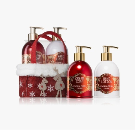 Set Vivian Gray Red Christmas, in cosulet textil imprimeu sarbatori, cu Sapun lichid crema 250 ml si Crema de maini 250 ml