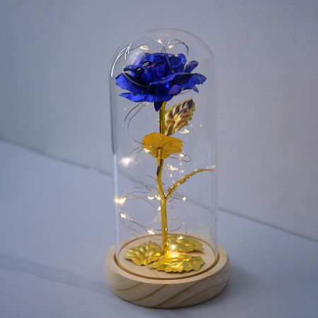 Trandafir artizanal in cupola, cu petale pe blat negru, LED, Albastru