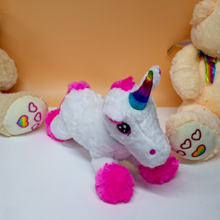 Unicorn de plus Rainbow Pony, cu print curcubeu si sunet/melodie, Inaltime 30 cm, Roz