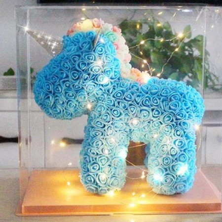 Unicorn Floral albastru din Trandafiri de spuma 40 cm, ambalat in cutie, cu LED de lumini