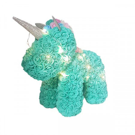 Unicorn Floral turcoaz din Trandafiri de spuma 40 cm, ambalat in cutie, cu LED de lumini