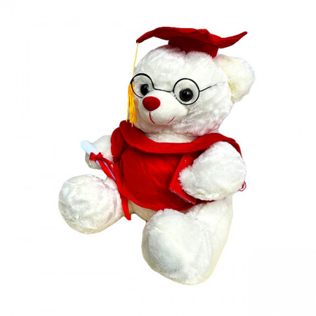 Ursulet de plus Graduate Teddy, cu toca, roba, ochelari si diploma, Inaltime 30 cm, Alb cu rosu
