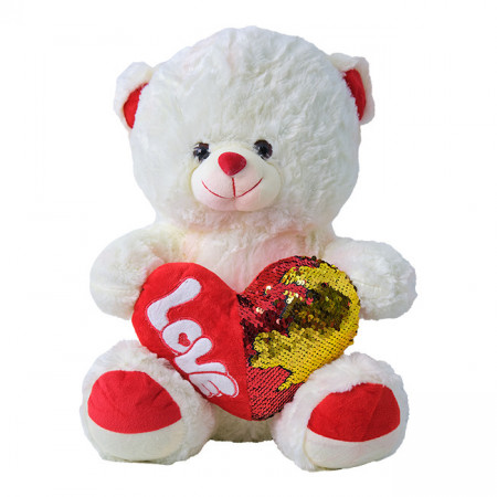 Ursulet de plus Twinkle, cu inimioara cu paiete, in doua culori, inaltime 37 cm, Alb - Rosu