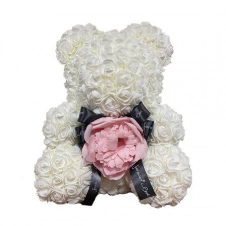 Ursulet floral alb cu bujor roz 40 cm, decorat manual, cutie cadou