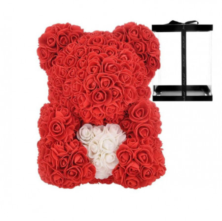 Ursulet floral din trandafiri de sapun Teddy Bear in Love, rosu cu alb, 30 cm