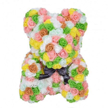 Ursulet Floral Teddy Bear rainbow din Trandafiri de spuma, 40 cm, in cutie cadou, verde-somon-alb