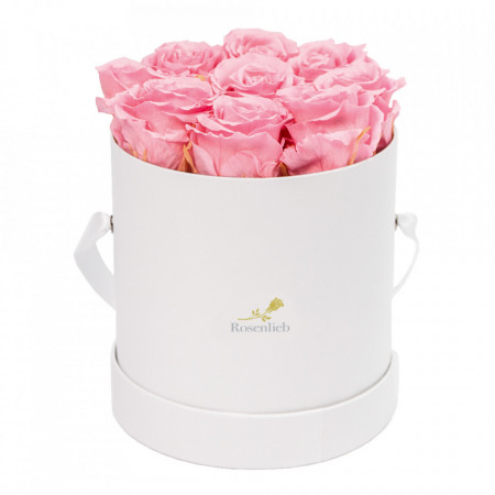 Aranjament floral cu 9 trandafiri de sapun, in cutie alba rotunda, roz
