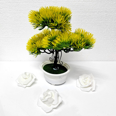 Bonsai decorativ artificial, colorat, in ghiveci miniatural, Pin Desire, Galben, Inaltime 25 cm