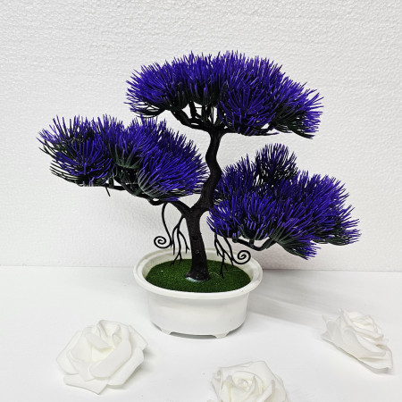 Bonsai decorativ artificial, colorat, in ghiveci miniatural, Pin Desire, Albastru, Inaltime 25 cm