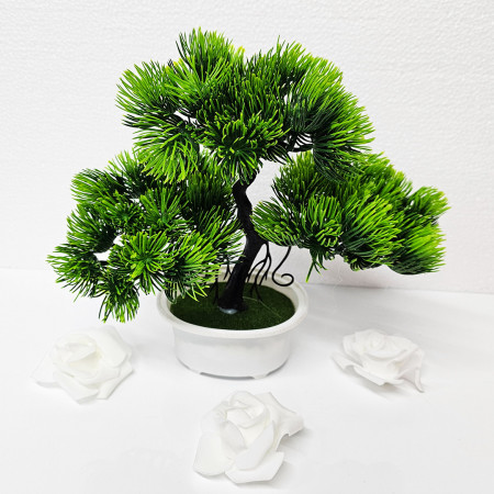 Bonsai decorativ artificial, colorat, in ghiveci miniatural, Pin Desire, Verde, Inaltime 25 cm