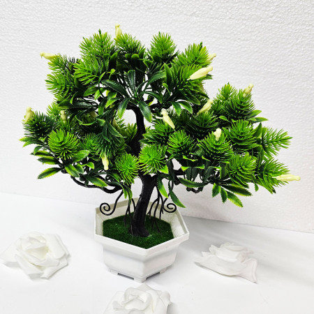 Bonsai decorativ artificial, cu pasari, in ghiveci miniatural, Balance Bird, Galben, Inaltime 28 cm