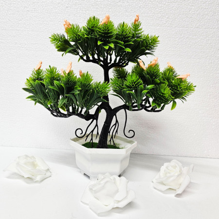 Bonsai decorativ artificial, cu pasari, in ghiveci miniatural, Balance Bird, Somon, Inaltime 28 cm