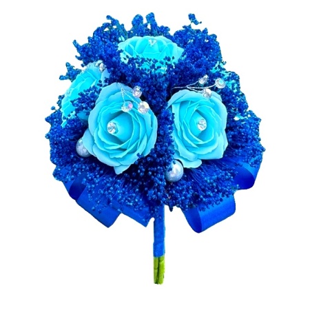 Buchet Mireasa din trandafiri de sapun si broom criogenat, Albastru Royal