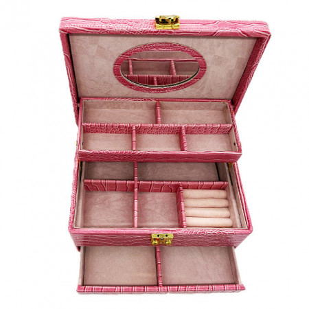 Caseta Snake din piele ecologica pentru accesorii, cu oglinda si lacat, stil gentuta, roz