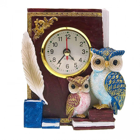 Decoratiune ceas de masa in forma de carte cu bufnite, din rasina, Blue, 11x13cm