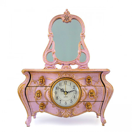 Decoratiune ceas, in forma de masa de toaleta cu oglinda si sase sertare, vintage, Roz, 23x33cm
