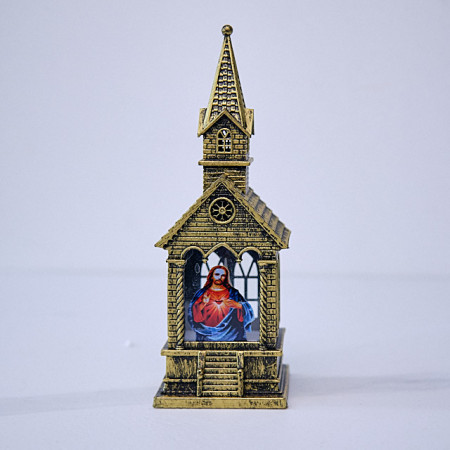 Decoratiune luminoasa in forma de capela cu ilustratie religioasa, Bronz, cu LED, 17cm