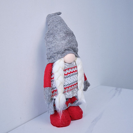 Decoratiune tematica, Elf, cu caciula si costum rustic, 30 cm, Rosu/Gri