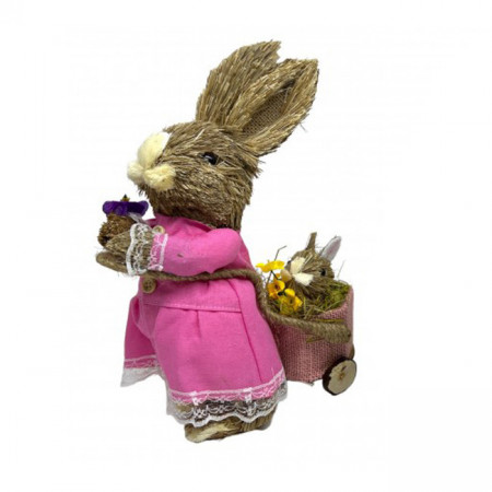 Figurina decorativa din paie Iepuras  Yza cu carut, 26 cm, Roz-fucsia
