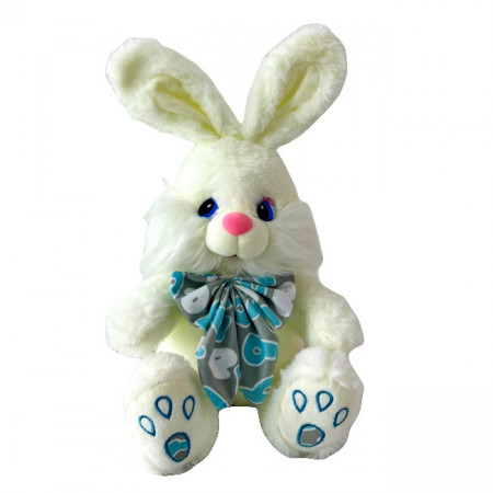 Iepure de plus Easter Riko, cu nas roz si cu papion, 41 cm, Albastru