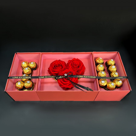 Pachet floral Eternity Love, pentru femei, set 3 trandafiri criogenati si praline Ferrero Rocher, Roz