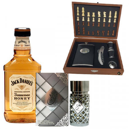 Pachet Nouvas, Parfum arabesc, Jazzab Silver 100ml, Cutie cu accesorii, aspect woody si o sticla de JacK Daniel’s Honey 200ml