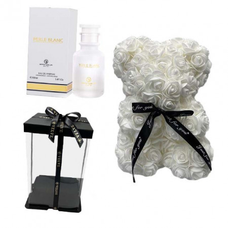 Set cadou fete, Ursulet floral din spuma 25 cm si Parfum Grandeur Elite, Perle Blanc 100 ml