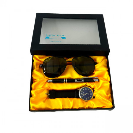 Set cadou pentru barbati MATTEO FERARI, cutie cu trei articole practice, ceas barbati, ochelari de soare si pix 20.5x15cm, Negru