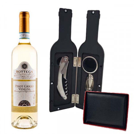 Set cadou pentru barbati VLV, caseta eleganta in forma de sticla cu 3 accesorii pentru vin, Bottega Pinot DOC si portofel piele, negru