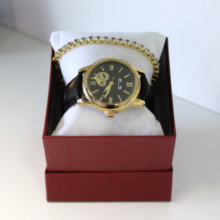 Set ceas elegant Waterproof Matteo Ferari, curea din piele ecologica si bratara asortata, One Heart, Negru/Auriu