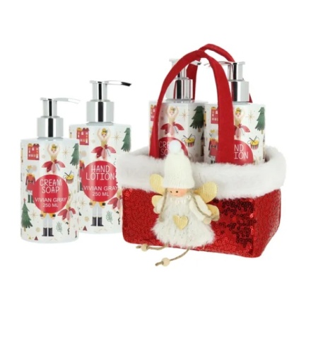 Set Vivian Gray Red Fairy, in cosulet textil, imprimeu cu tematica, Sapun lichid crema 250 ml si Crema de maini 250 ml
