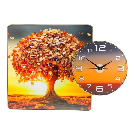 Tablou practic din lemn MDF si cristale, cu ceas analog, Time Tree, Apus de soare, 54X39 cm